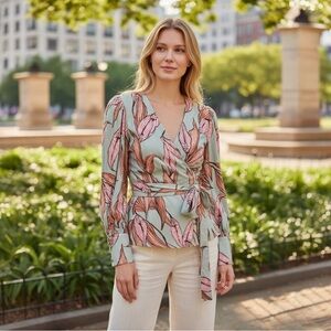 PatBO Tropical Leaf Wrap Blouse - Pink and Green